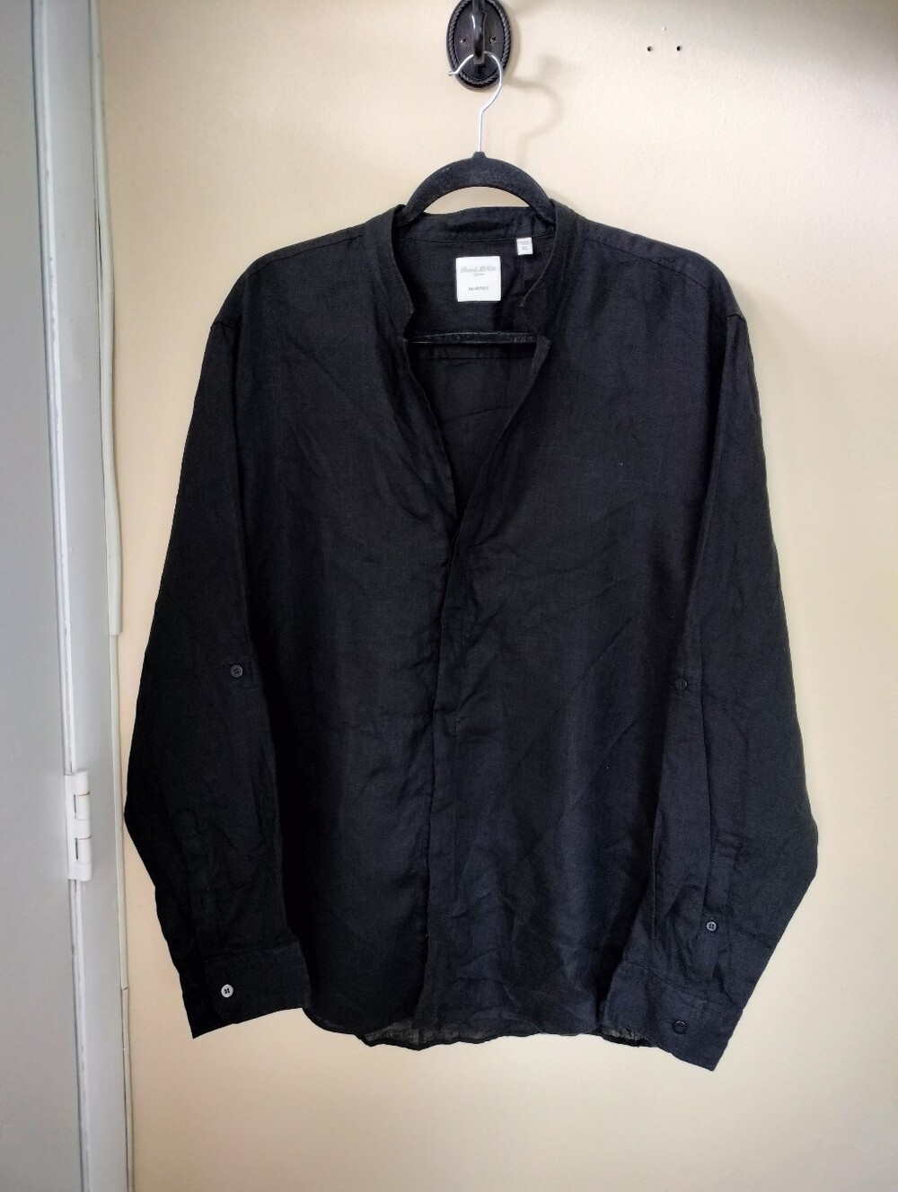 Baird McNutt Linen Murano Men's Black Mandarin Collar Shirt XL Vacation Cruise